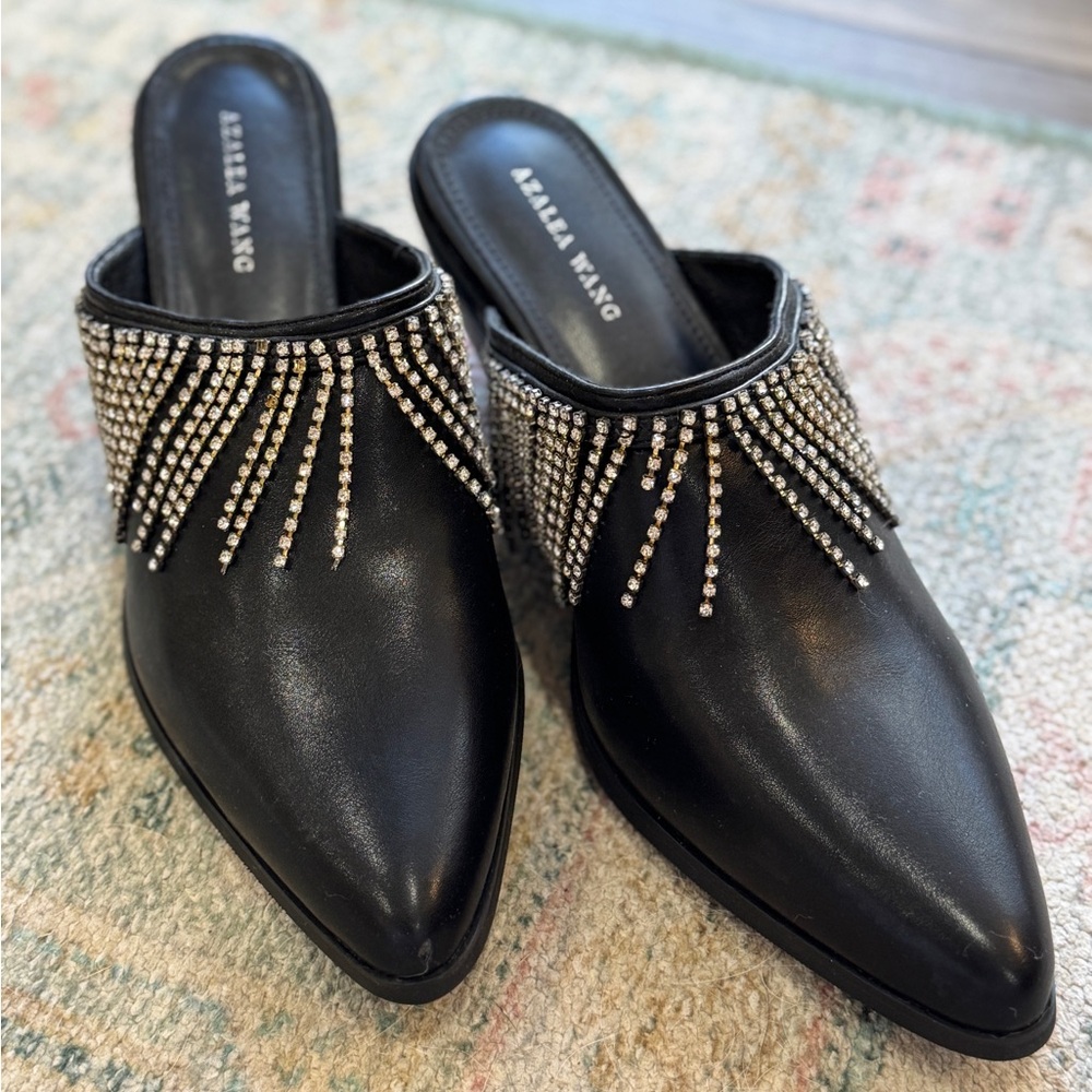 Azalea Wang Black Mules with Rhinestone Fringe